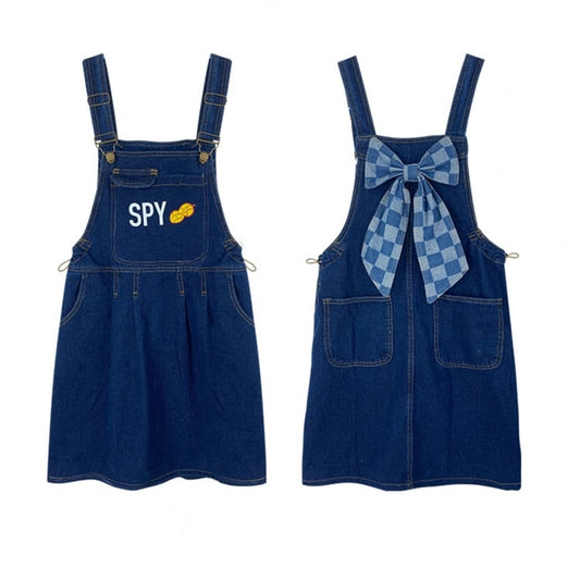 Inspired – Blau karierter Jeans-Overall mit Schleife hinten