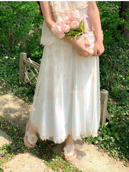 with Overlay Mesh Beige Elastic Waist Cute Cartoon Print Skirt