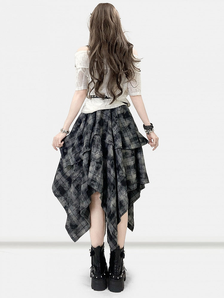 ハンカチ ダークヘム チェック柄スカート ほろ苦いグレー