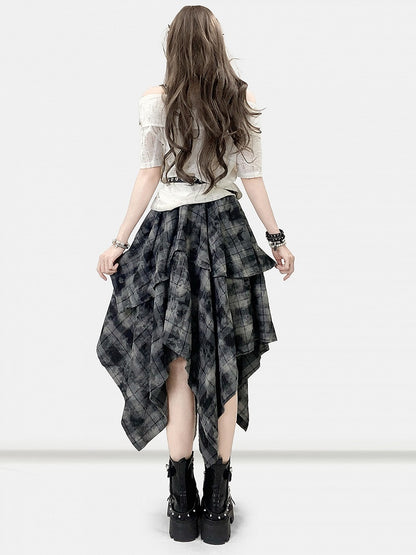 ハンカチ ダークヘム チェック柄スカート ほろ苦いグレー