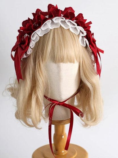 Strawberry Red & White Lolita Hairband - Lace & Ruffled Trim Design