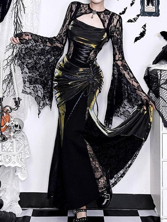 Black Metallic Slip Dress Mermaid Satin Lacing Gothic Halloween with Crisscross