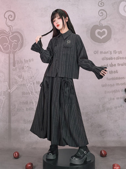 Vintage Design Skirt Chinese Midi Bud Pocket Stripe Hem Gray Large Gothic With