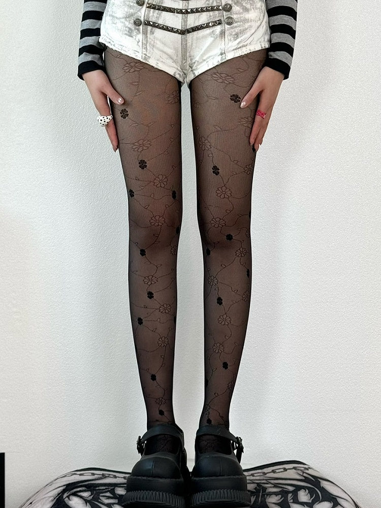 Floral Pattern Green/Black/White Tights