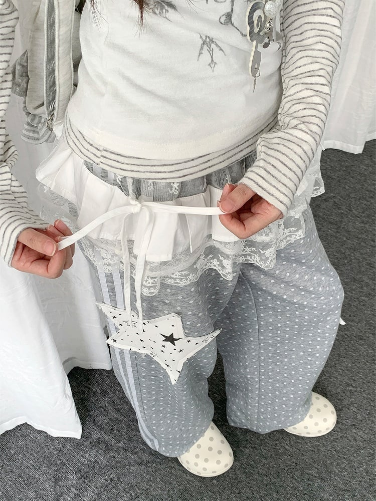 Lace-trimmed Pants Accessory  Polka-dot Grey Star Straight-leg Patchwork with