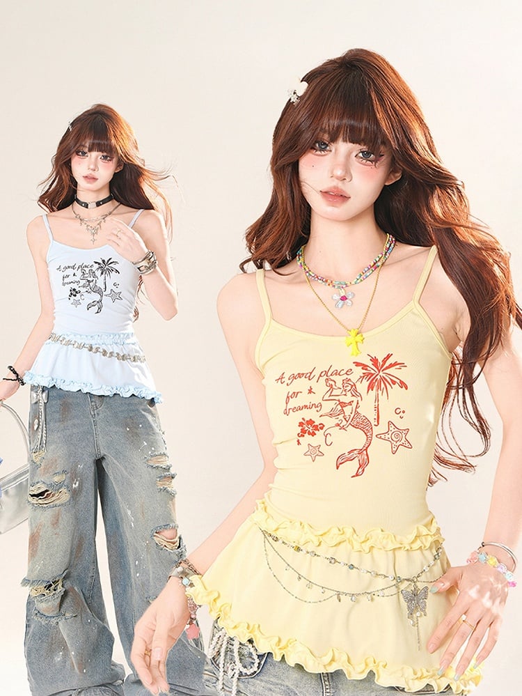 Camisole-Top mit Rüschenbesatz im Meerjungfrauen-Print Gelb/Blau