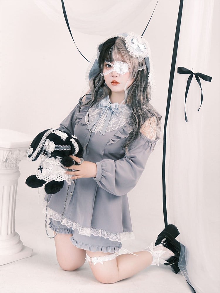 Set: Size Top Blue Elastic Jirai Light Kei Waist Cutout Plus Shorts Shoulder