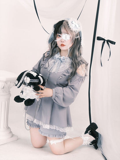 Set: Size Top Blue Elastic Jirai Light Kei Waist Cutout Plus Shorts Shoulder