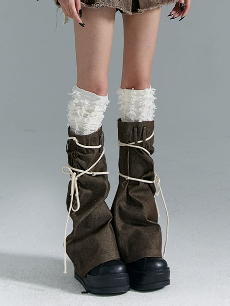 Leg Warmers with White Brown Punk Trim  Self-tie Straps