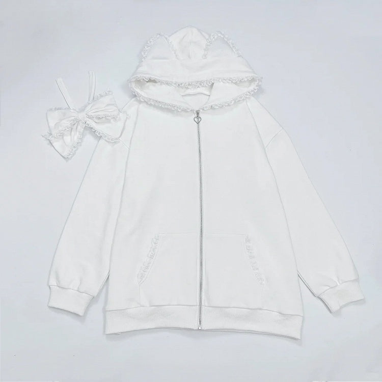 Jacket: Hood Kei Oversized Ears Cat Bow with Detachable Jirai Trim Lace White