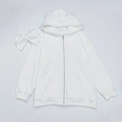 Jacket: Hood Kei Oversized Ears Cat Bow with Detachable Jirai Trim Lace White