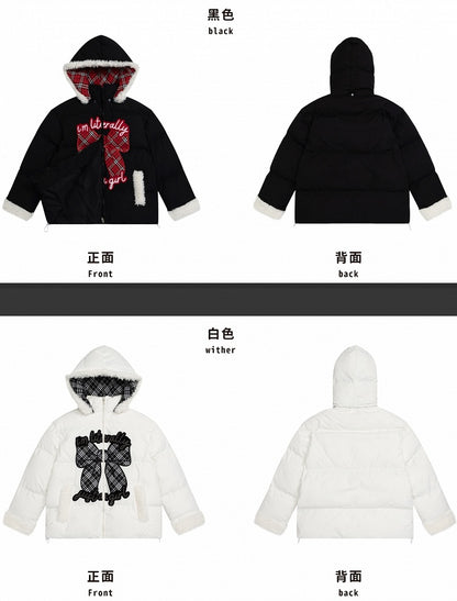 Schwarz/Weiß bezahlte Pufferjacke mit Schleifenapplikation und Kapuze, Plüschmanschetten