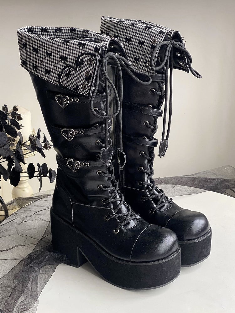 Fold-over Black Cuff Boots Platform Heel Block
