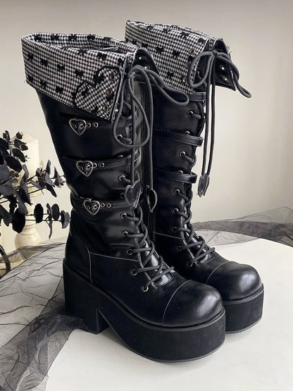 Fold-over Black Cuff Boots Platform Heel Block