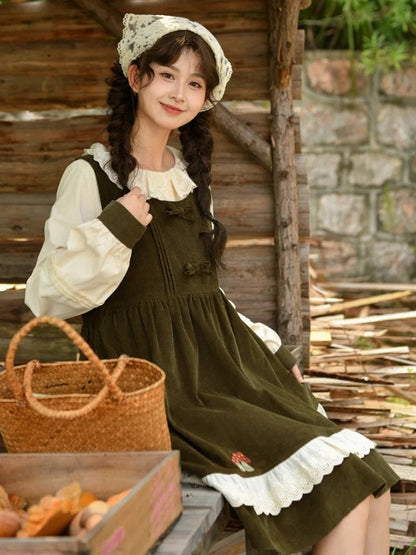 Green Mori Kei Bowknot Details Corduroy Overall Dress