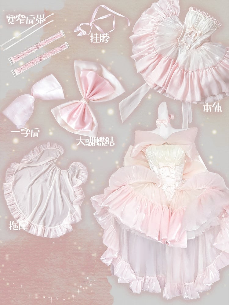 Dress Yellow Pink Lolita Bodice Details Balletcore Hime Bowknot on Strapless and
