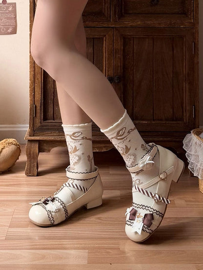 - Beige PU Lolita Mary Accents Sweet Janes Bow Low-heel