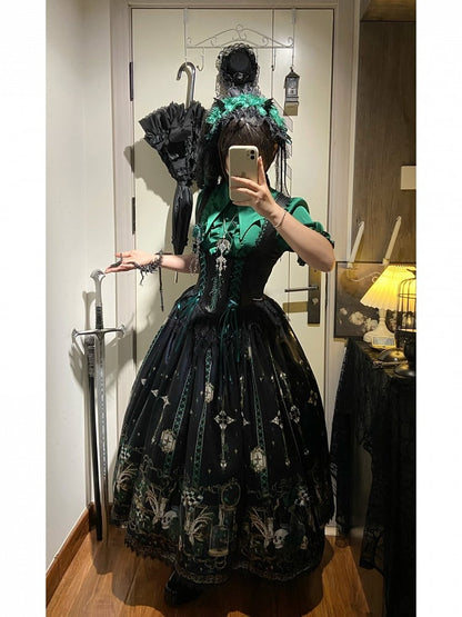 Green Rosette and Skull Print Gothic Lolita Corset Under Bust JSK Dress - Sweetheart Love Song