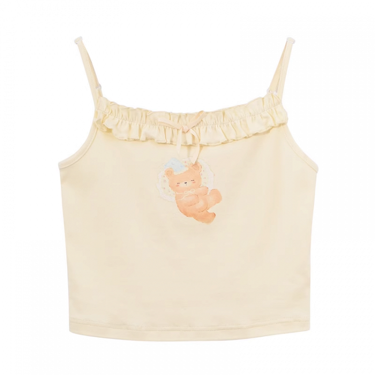 愛らしいクマ柄キャミソールトップス ネックライン ライトイエロー フリル