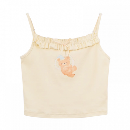 愛らしいクマ柄キャミソールトップス ネックライン ライトイエロー フリル