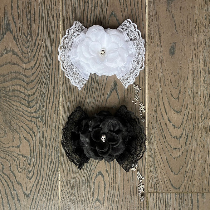 Musical Bowknot Lace Decorated White/Black Hairclip Design And Charm Floral Notes Skeleton Trim Crown