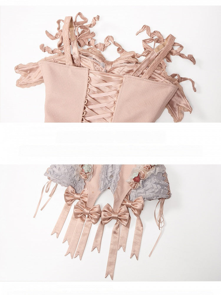 Strawberry Mousse Rococo Corset Top with Detachable Chest Bow and Shoulder Straps - Blood Supply