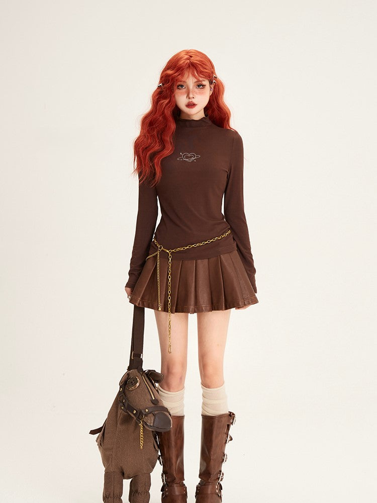 Buckles Fashion Brown Millard Autumn Pleated PU Heart-Shaped with for Mini Skirt