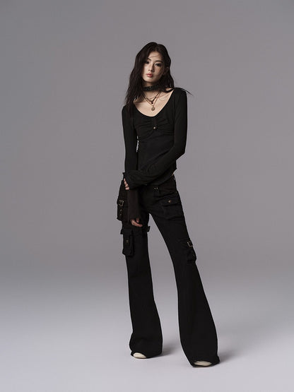 Pants - Vintage Silhouette Cargo Flare Pocket Detachable Black