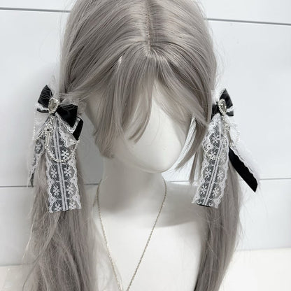 Charm Lace Bow Hairclips White/Pink/Dusty Cross Jirai Kei Pink/Black/Blue