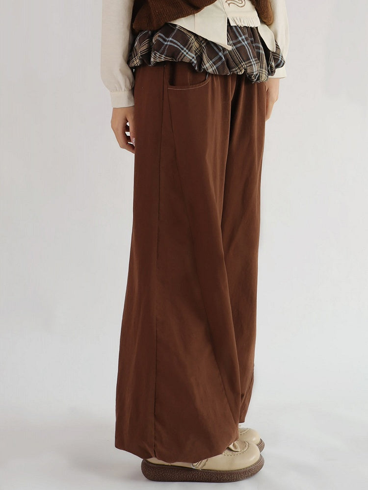 and Plaid Pants Detail Wide-Leg Brown Pockets Ruffle with