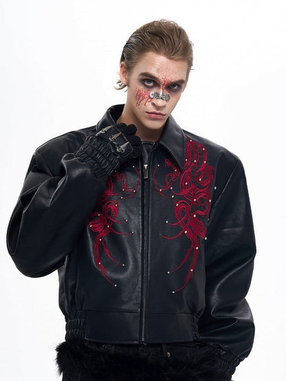 Embroidery Cropped Details with Men's Jacket Studded Thorn PU Black Snake