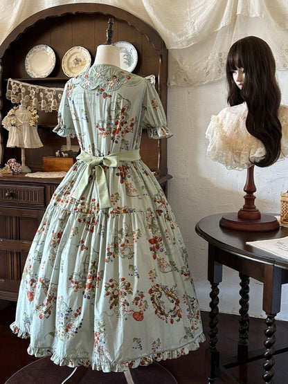 Green Berry-Themed Dress with Waist Belt and Collar Accessory - Zoncel