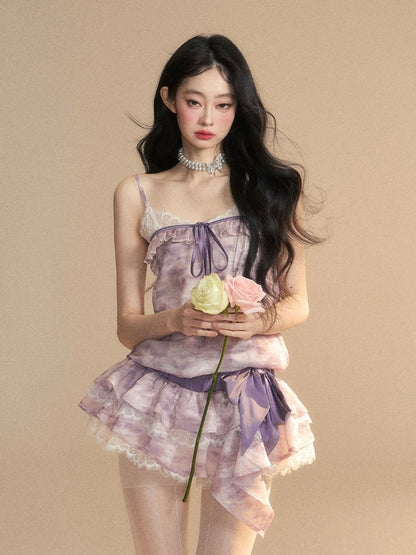 Lavender Oil Strap Tiered with Skirt Slip Dress Mini Painting Self-tie