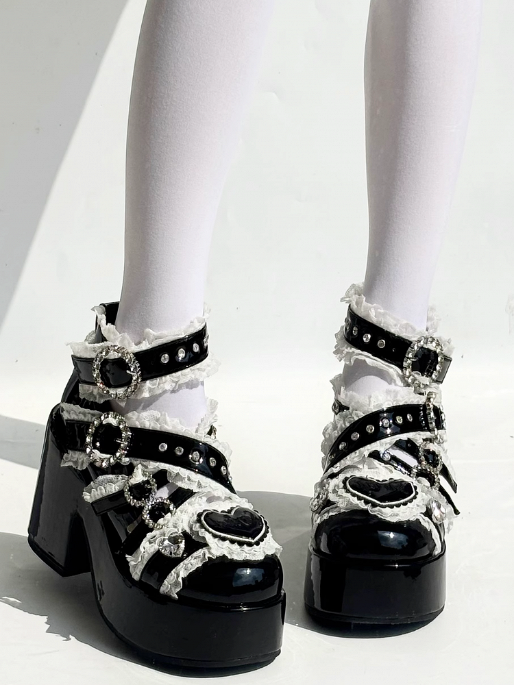 Jirai-Schnalle mit Strass-Blockzehe und Spitze, High Heel, verzierte schwarze Riemchenschuhe: Rundes Cross-Plateau Kei