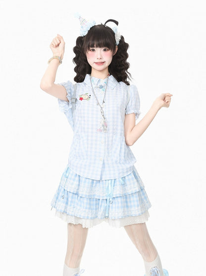 Blue Gingham Puff Sleeve Blouse with Apple Motif - Languid Park