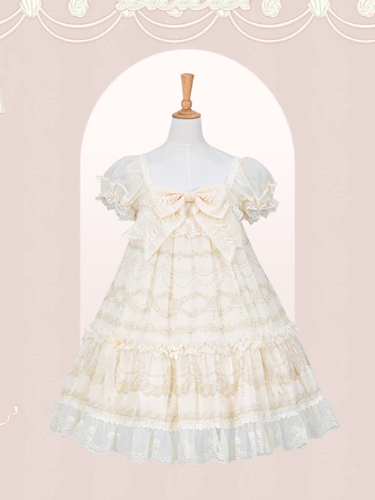 Ärmel bestickt Print Schleife Creme Ausschnitt Kleid Puff Lolita Weiß Big Creamy
