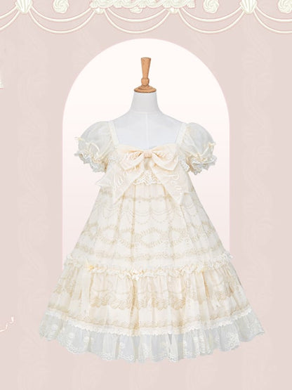 Ärmel bestickt Print Schleife Creme Ausschnitt Kleid Puff Lolita Weiß Big Creamy