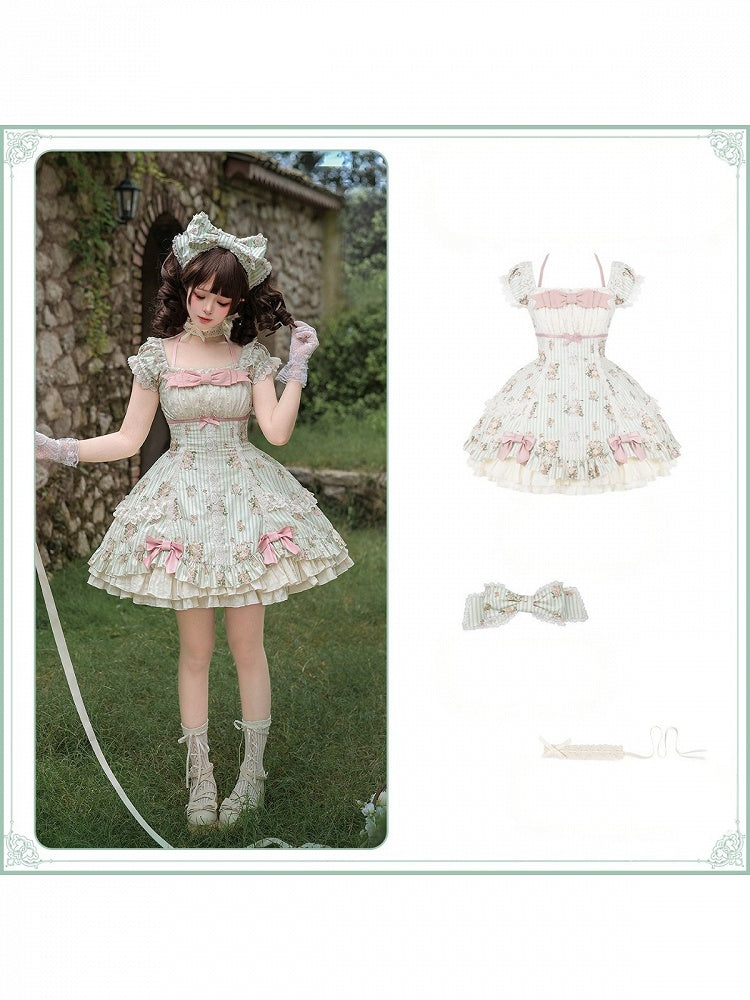 Floral Striped Dress Set with Hair Clip and Choker - With PUJI