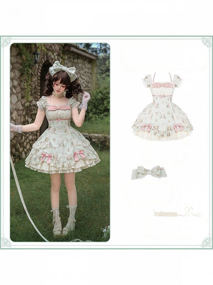 Floral Striped Dress Set with Hair Clip and Choker - With PUJI