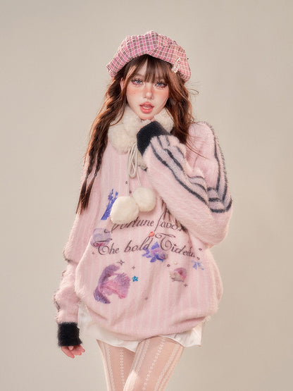 V-Neck Plush Sweater with Oceanic Prints Cozy Pink Stripes