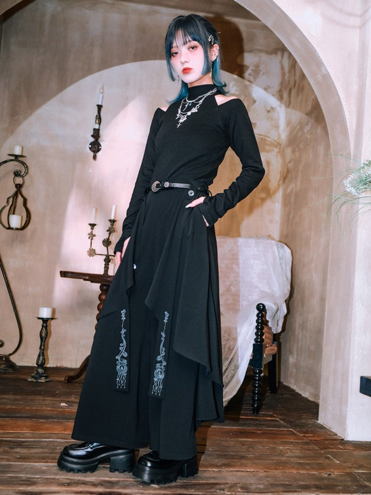 Gothic Black Wide-Leg Trousers with Asymmetrical Layers & Detachable Jellyfish Embroidered Ribbon - Quirky Hut