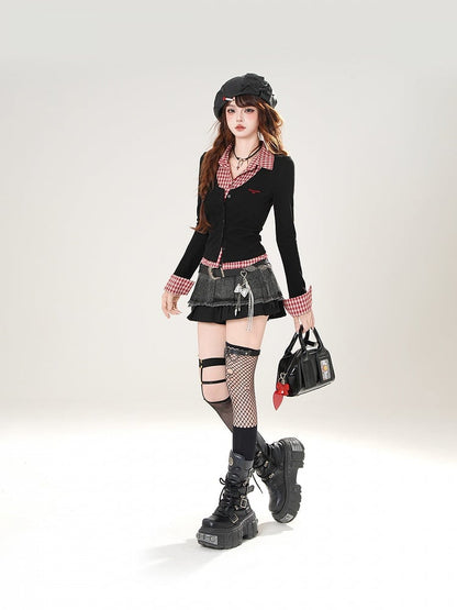 レッドチェックとブラックのフェイクツーピーススリムフィットトップス