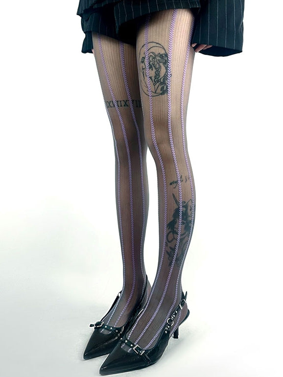 パープル/ブラウン/ホワイトのストライプハートタイツ