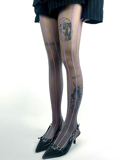 パープル/ブラウン/ホワイトのストライプハートタイツ