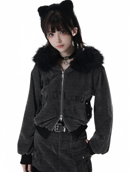 in Ears Jacket Trim Corn Faux Wolf Rib Dark Gray Texture Fur Hooded