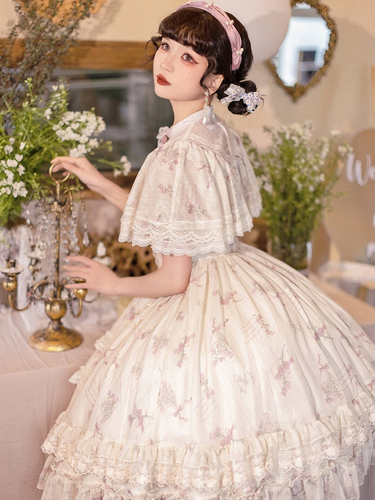 Elegant Dress Bluebell Neck Edward Beige Print Classic Floral Lolita