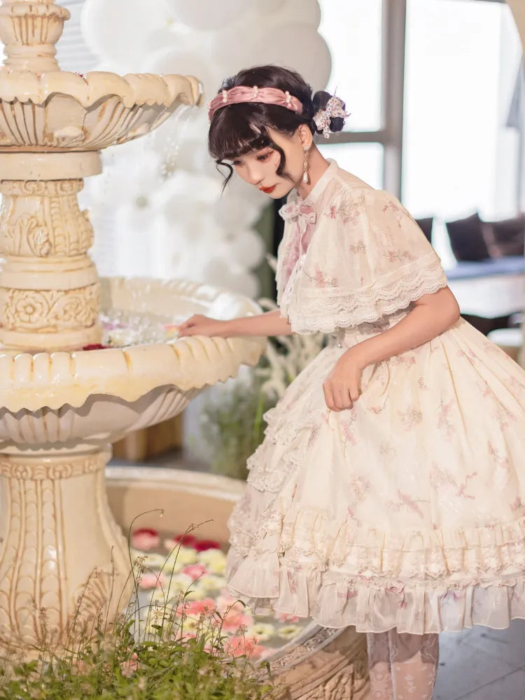 Kleid Lolita Klassisch Elegant Beige Glockenblumenhals Blumen Edward Print