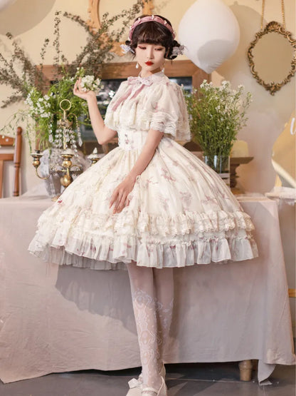 Kleid Lolita Klassisch Elegant Beige Glockenblumenhals Blumen Edward Print