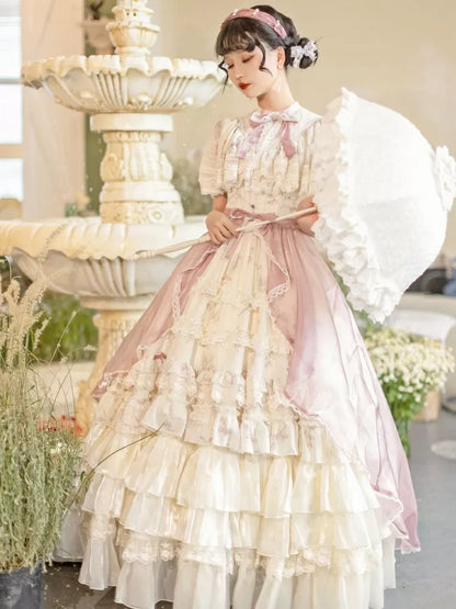 Elegant Full Print Set Edward Bluebell Dress Lolita OP Classic Beige Neck