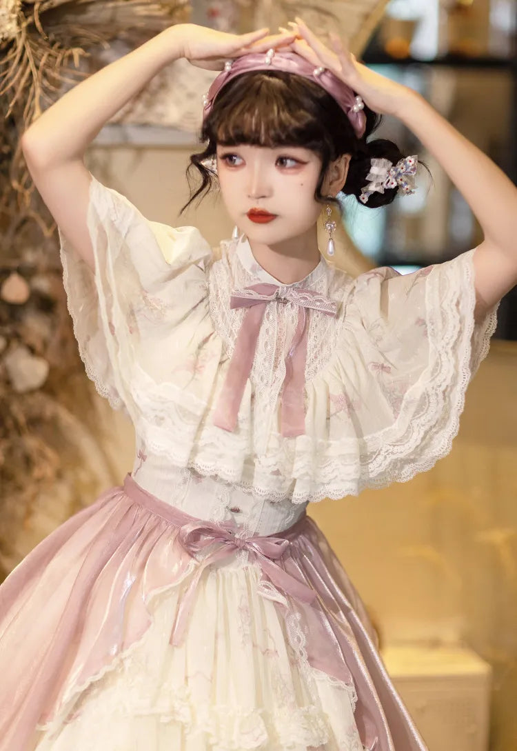 Kleid Lolita Klassisch Elegant Beige Glockenblumenhals Blumen Edward Print